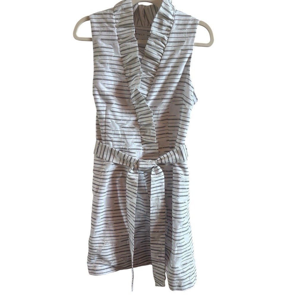 Milly Ruffle Wrap Sleeveless Dress Sz 12 Chic Black White Strip Design Tie Belt